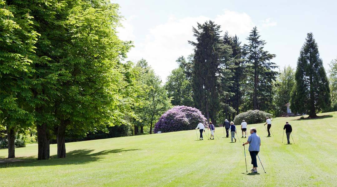 Nordic Walking Gruppe auf der Wiese vor der Park Klinik